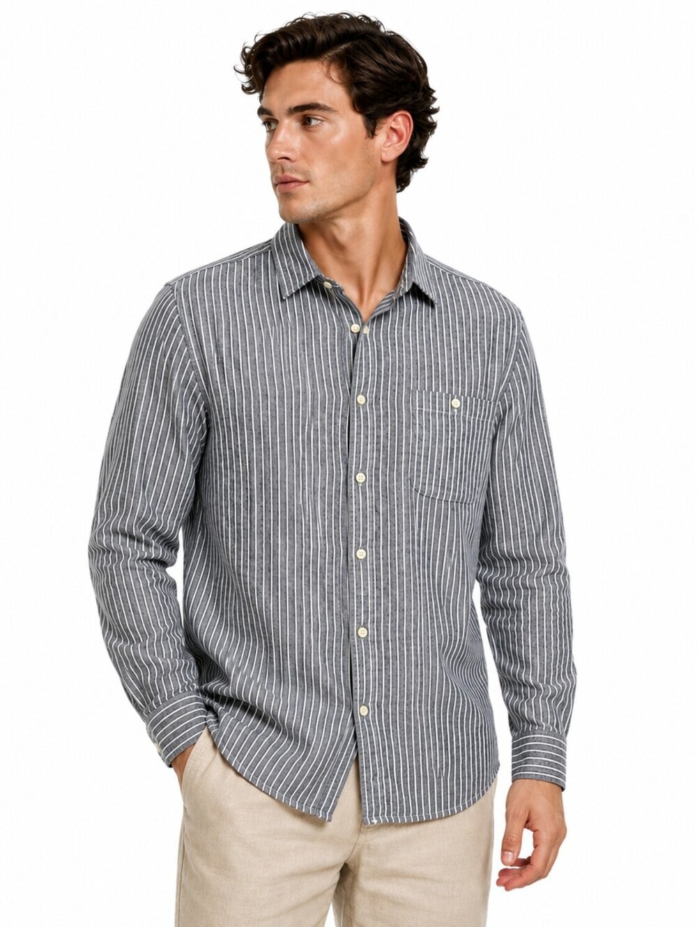 Merona Men's Linen Blend Blue/Gray & White Striped Button-Up Shirt - Size 3XBT